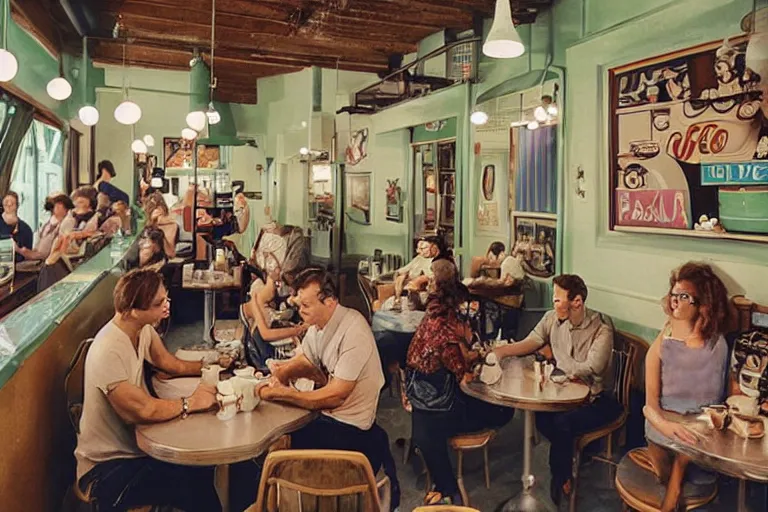 Image similar to retro - style cafe filled with pepe the frog customers drinking coffee, 8 0 s style, cinematographic photo