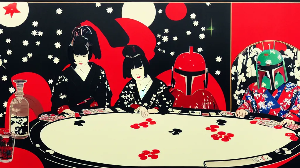 Prompt: woman in a black japanese kimono, sitting at an extremely detailed poker table with the boba fett, sake on the table, fireworks and stars on the background, by andy warhol, by roy liechtestein, canvas, acrylic paint, ivory palette, 4 k, ultra - hd