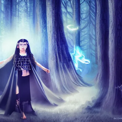 Image similar to mysterious girl child with her long black hair dressed in a chequered robe, chequered cape, carrying blue very big magical symmetrical crystal, epic scene, atmospheric, surrounded by magical light, digital art, hd, 4 k, hyper detailed