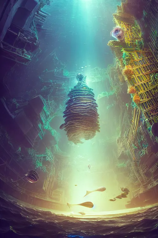 Image similar to high quality photo of cinematic underwater dystopian futurist city ruins with giant bioluminescent multicolored mutant fish and cyborg jellyfish, masterpiece, aykut aydogdu eric zener, very dramatic volumetric light, long shot, ground angle uhd 8 k, deep focus