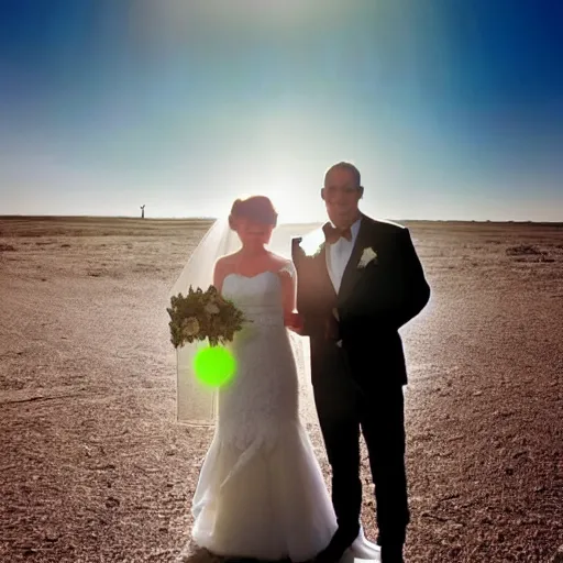 Prompt: wedding photo of two aliens on another planet