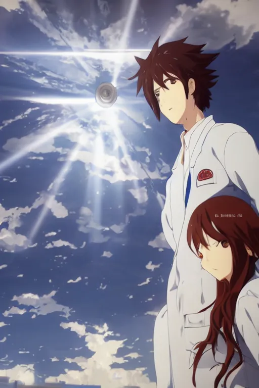 Image similar to Kurisu Makise in flowing lab coat by Akihiko Yoshida and Makoto Shinkai, with backdrop of god rays