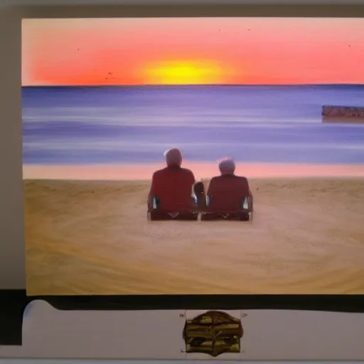 Image similar to 2 men watching the beautiful sunset together by the beach, by greg rutowski, muted colors