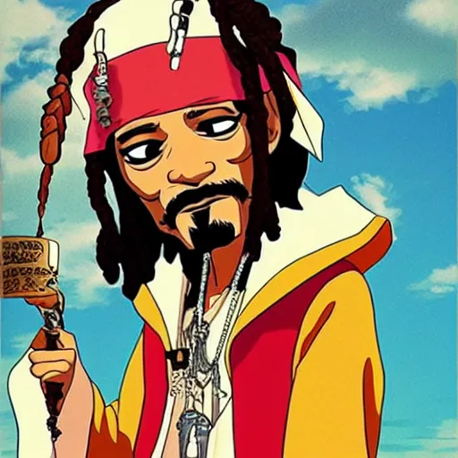 Prompt: Snoop Dogg as a Captain Jack Sparrow, Anime poster, in hayao Miyazaki style, studio Ghibli