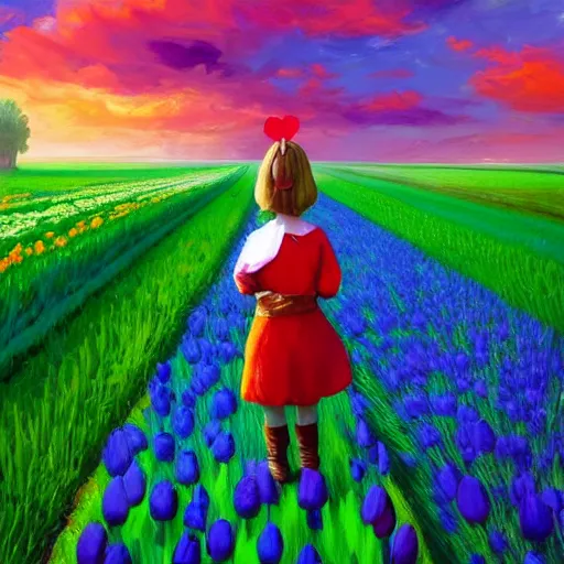 Image similar to dutch girl with singular giant tulip as a head, surreal photography, flower field, sunset dramatic light, impressionist painting, colorful clouds, blue sky, digital painting, artstation, simon stalenhag