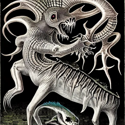 Image similar to bestiary of creatures from the depths of the unconscious psyche