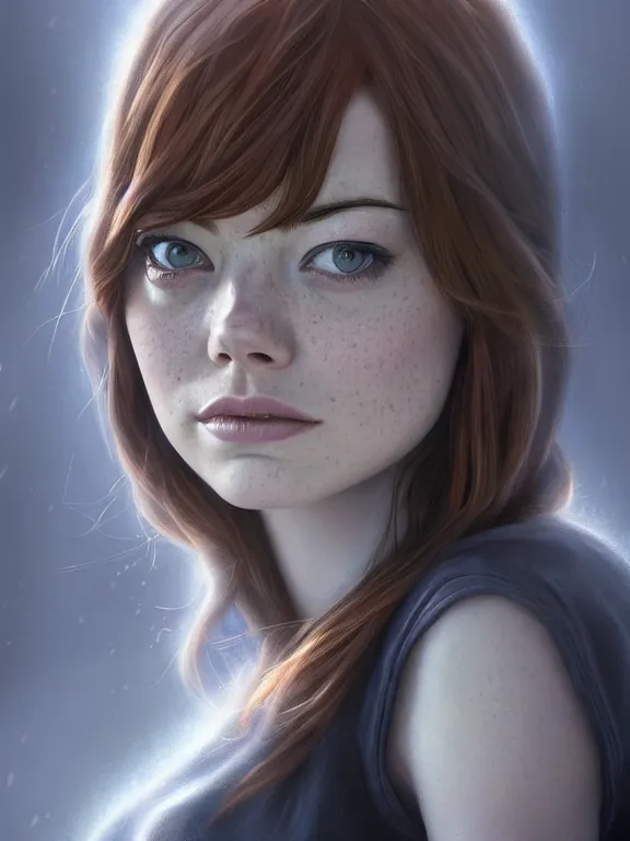 Image similar to emma stone as a young mary jane watson, digital painting, extremely detailed, 4 k, intricate, brush strokes, mark arian, artgerm, bastien lecouffe - deharme