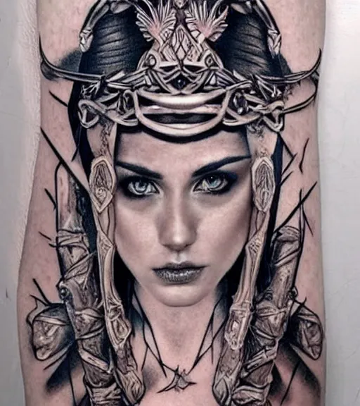 Image similar to tattoo design of a hyper realistic beautiful girl warrior, hyper detailed, inspired by eliot kohek, on white background