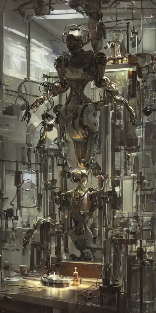 Prompt: humanoid robot in a laboratory, sitting on a chair, cinematic, cinematic lighting, concept art, artstation, illustration, by Alphone Mucha, James Gurney, Thomas Kinkade, 4k, sharp