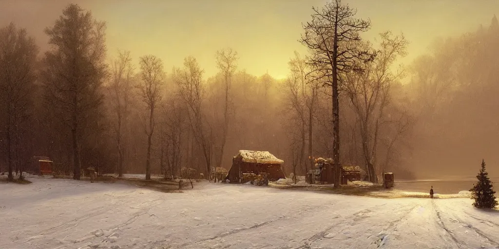Image similar to The gateway into winter, cottagecore, by Simon Stålenhag and Albert Bierstadt, oil on canvas