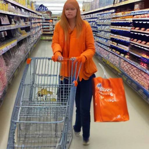 Prompt: orange tabby cat shopping at walmart