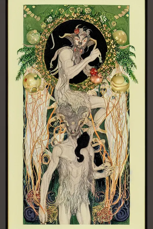 Prompt: portrait of an evil satyr in the center of a frame made of christmas ornaments, art by kay nielsen and walter crane, illustration style, watercolor