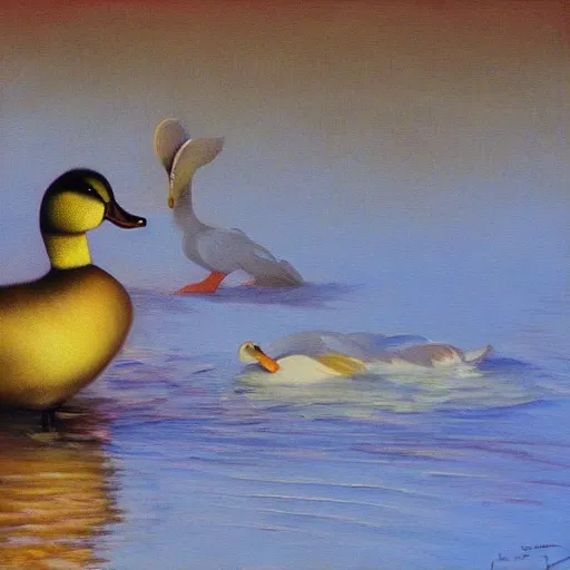 Prompt: a duck on the prowl oil painting morteza katouzian