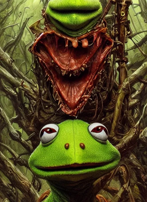 Image similar to portrait of Kermit the frog in Evil Dead (2013), highly detailed, centered, solid color background, digital painting, artstation, concept art, smooth, sharp focus, illustration, artgerm, donato giancola, Joseph Christian Leyendecker, Les Edwards, Ed Repka, WLOP