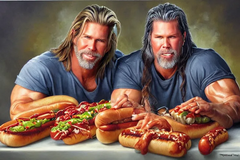 Image similar to portrait of wwf shawn michaels and wcw kevin nash sharing hotdogs, an oil painting by ross tran and thomas kincade