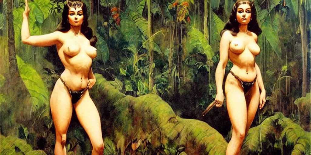 Prompt: frazetta woman full body panoramic portrait textured oil painting jungle background