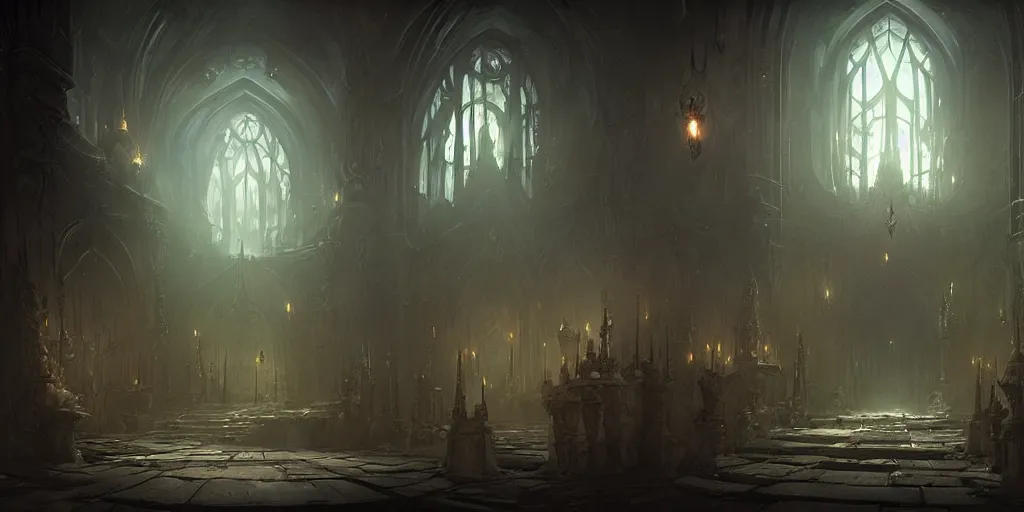 Prompt: dark sinister vampire lair interior by Bastien Lecouffe-Deharme and Charles Bowater, Greg Rutkowski, library, adventure game, inspired by Diablo concept art
