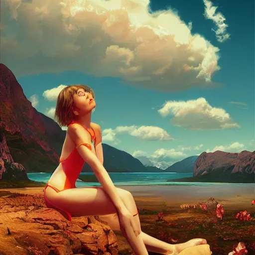 Image similar to a beautiful scenic painting by artgerm and wlop and wes anderson and spike jonze