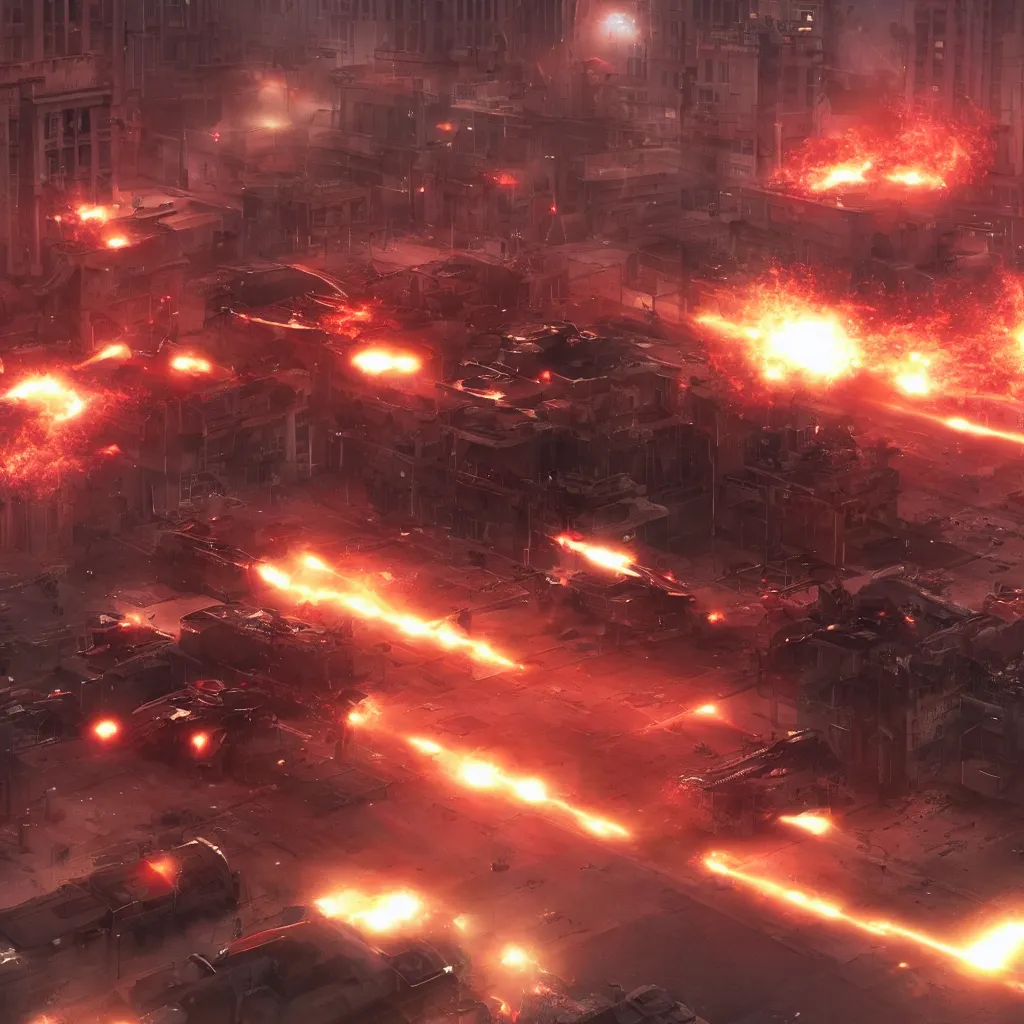 Image similar to a single futuristic tank shooting at the building, red fiery explosions, detailed, movie scene, cinematic lights, 3 d photorealistic