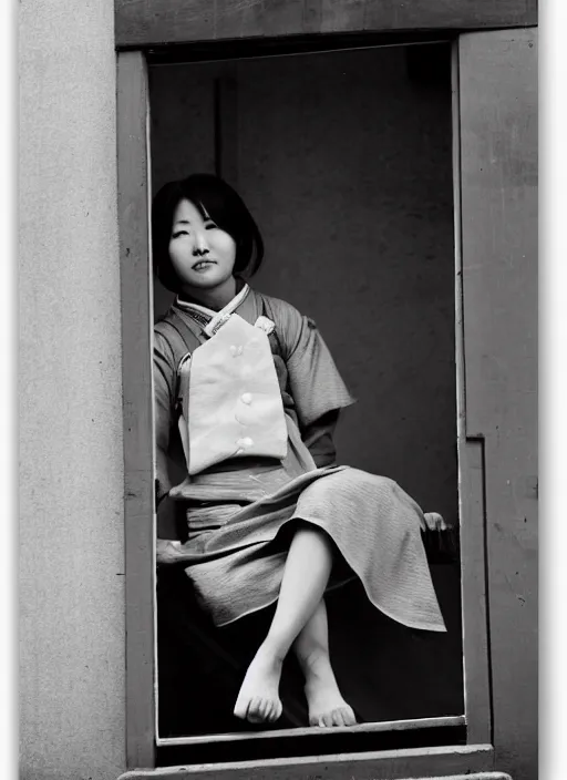 Prompt: photography girl looking sitting next to window by hisaji hara