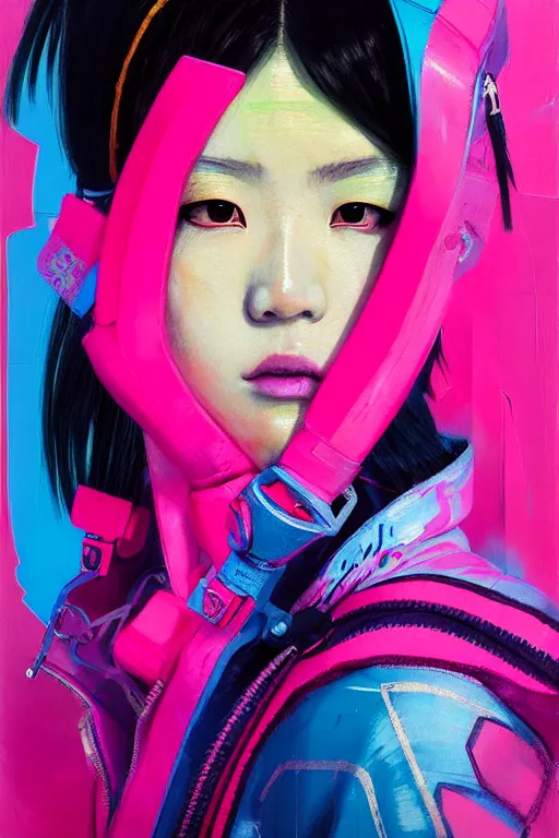 Image similar to portrait of a stylized japanese cyberpunk girl, wearing a bomber jacket, painted in acrylic, pigment textures, in the colors hot pink and cyan, beautiful realistic face, rule of thirds, spotlight, by greg rutkowski, by jeremy mann, by francoise nielly, by van gogh, by ross tran, in focus