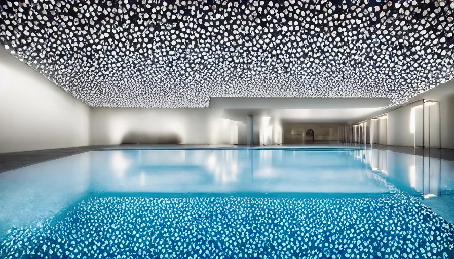 Image similar to symmetrical establishing shot of The unsettling courtyard of a monochrome modernist hotel designed by Luis Barragán, An empty swimming pool in the foreground. Ceiling is made of thousands of brilliant crystals scattered Single point perspective photographed by Wes Anderson and Andreas Gursky. Cinematic, dramatic lighting, moody, eerie, illustration, uncanny, creepy Sigma 75mm, very detailed, golden hour, Symmetrical, centered, intricate, Dynamic Range, HDR,