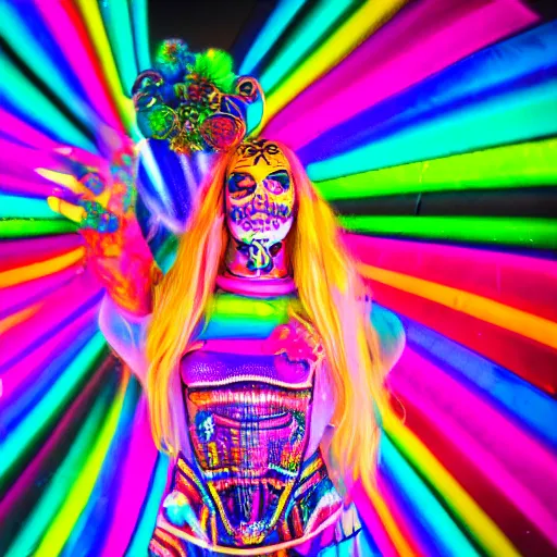 Prompt: Prismatic Spectrum Cosmic Magical Girl from the Rainbow Sky Paradise, tomorrowland, dia de muertos, lit by flashing pixel light, fully covered in colorful paint, glowing neon