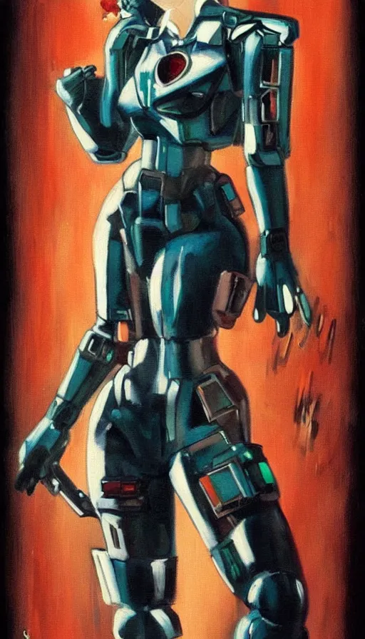 Image similar to full body cyberpunk beautiful woman in the style of a 1 9 4 0 s oil painted pin - up painted on a gundam