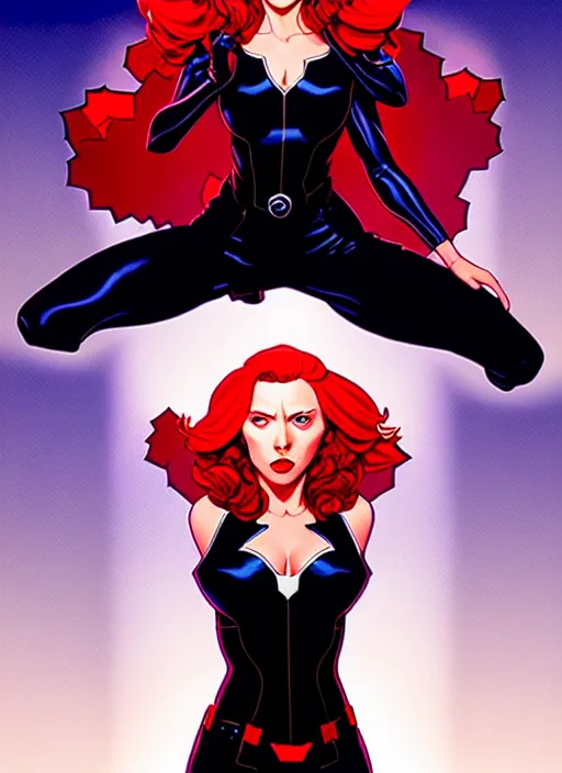 Image similar to rafeal albuquerque comic art, joshua middleton comic art, artgerm, cinematics lighting, night time, pretty scarlett johansson black widow, big smirk, symmetrical face, symmetrical eyes, long red hair, full symmetrical body, flying in the air, jumping off rooftop