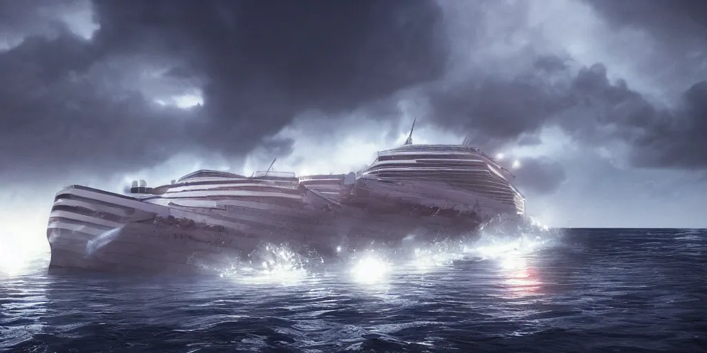 Prompt: cruise ship sinking, dark, thunderstorm unreal engine An epic fantastic realism dinamic lighting