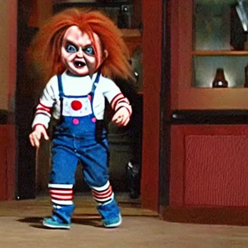 Image similar to screaming chucky doll running away and hiding from gordon ramsay