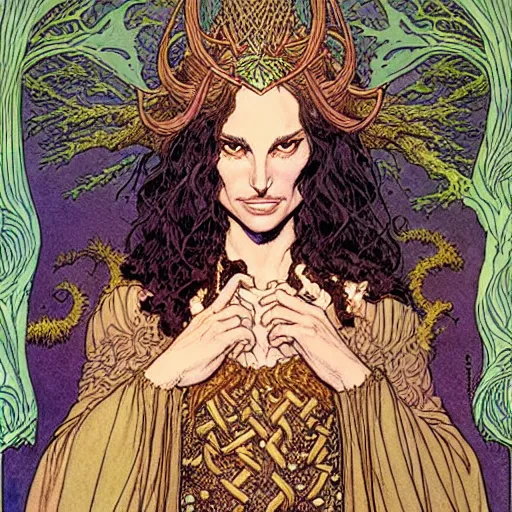 Image similar to a portrait of natalie portman as a druidic wizard by rebecca guay, michael kaluta, charles vess and jean moebius giraud