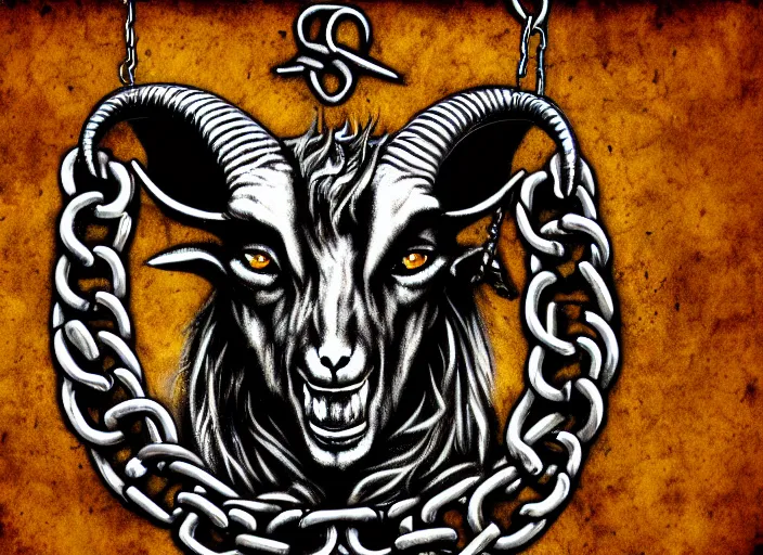 Image similar to satanic goat head, metal, metal band, chains, 666, digital art, trending on art station