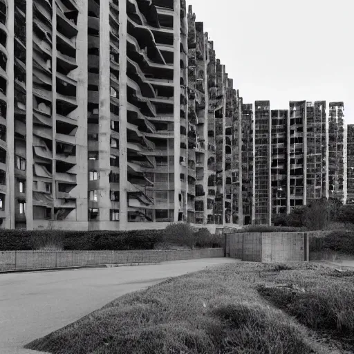 Image similar to a furturistic brutalist complex built in brutalism architecture, ten by ten kilometers large, with lush gardens and forests between the buldings, diverse unique building geometry full of shapes and corners, photography at night