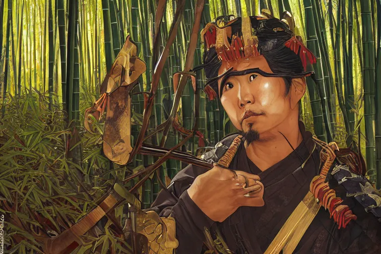 Image similar to close up of a wounded samurai in full armor being tendered by a kunoishi, in a mysterious and bamboo forest, golden hour, by fiona staples, range murata, alphonse mucha