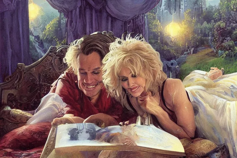 Image similar to portrait of dolly parton reading a bedtime story to jim carrey in bed, an oil painting by ross tran and thomas kincade