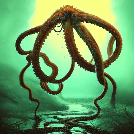 Prompt: “ sci fi photo of a man being grabbed by tentacles rising out of a swamp on an alien planet. 8 k, digital art, illustrative, cinematic, poorly lit. ”