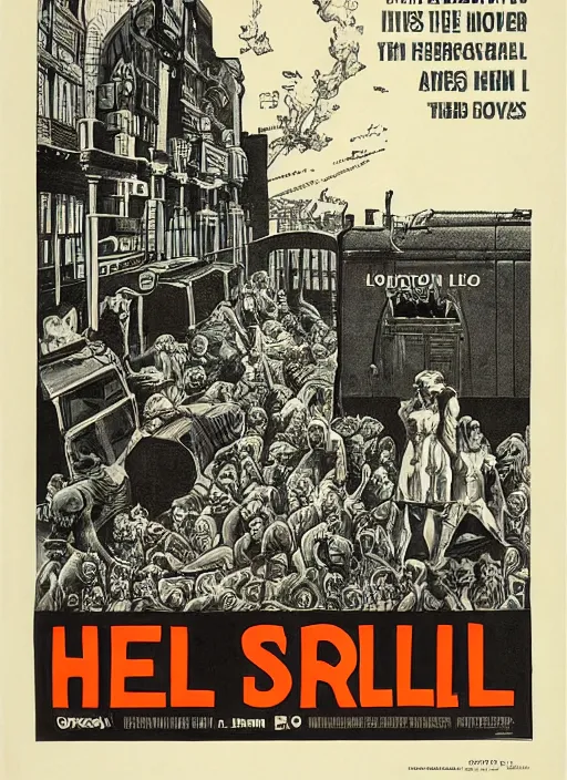 Prompt: London Underground poster for hell by Abram Games