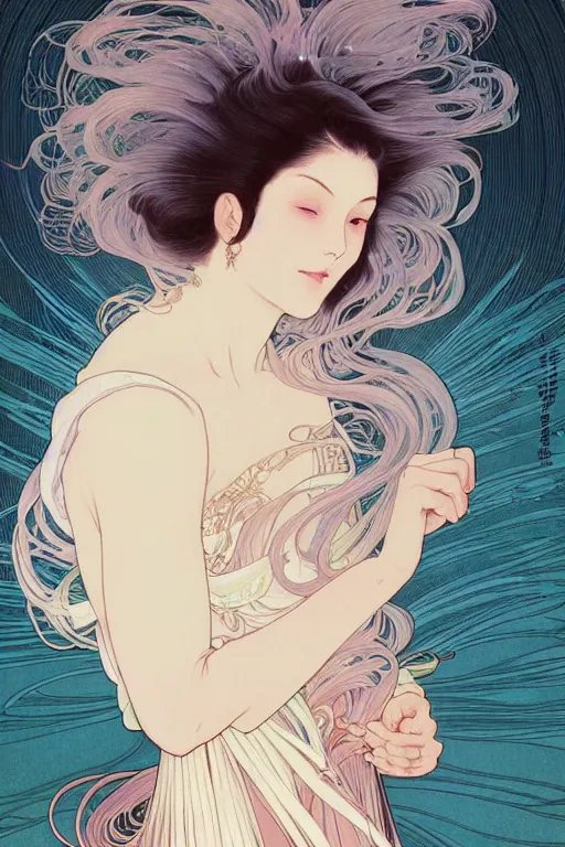 Prompt: beautiful portrait digital painting female holding white hair glowing, blush, pleated skirt, flowing hair, slim face, elegant, alphonse mucha, by yoichi hatakenaka, masamune shirow, josan gonzales and dan mumford, ayami kojima, takato yamamoto, barclay shaw, karol bak, yukito kishiro