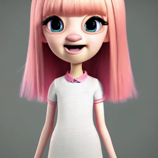 Image similar to A portrait of Nikki from Shining Nikki and Love, a cute 3d cgi toon young woman with long light pink hair, full bangs, hazel eyes, full face, light makeup, pale skin, Chinese heritage, cute outfit, medium shot, mid-shot, hyperdetailed, 8k, trending on artstation, as a Pixar character