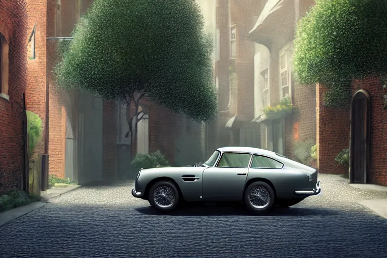 Prompt: a wholesome animation key shot of one short - wheelbase aston martin db 5, in a rich london mews residential street, waist height, medium range, studio ghibli, ( pixar ) and disney animation, sharp, very detailed, unreal engine 5 render, bloom, high resolution, anime key art by greg rutkowski