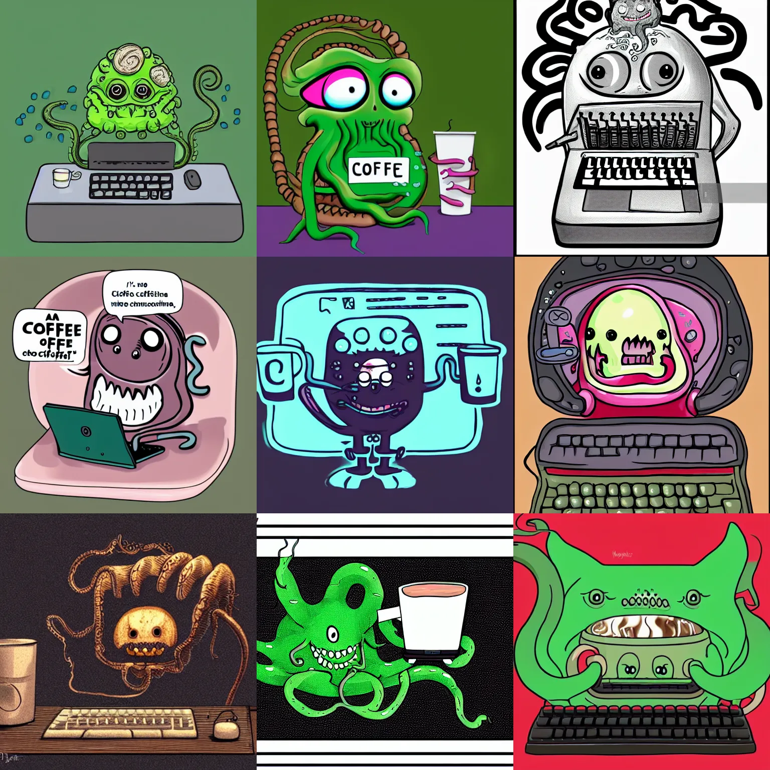 Prompt: a cute cthulu is typing on a computer with a coffee mug, it's brains are exposed and it is smiling, illustrated, digital art