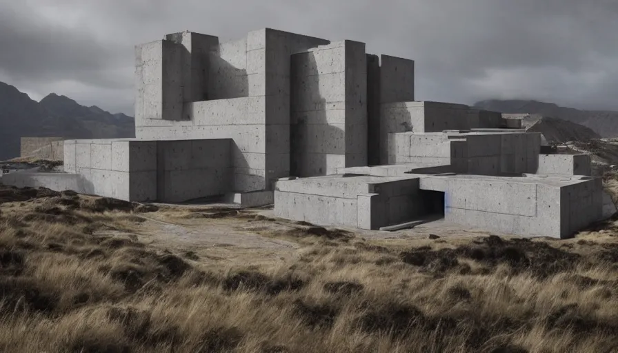 Image similar to big brutalist imperial military base on peruvian cliffs, twelve angle stone design, drawing architecture, pritzker architecture prize, brutalism architecture, cinematic shot, by greig fraser, by emmanuel lubezki, robert richardson, hoyte van hoytema, roger deankins