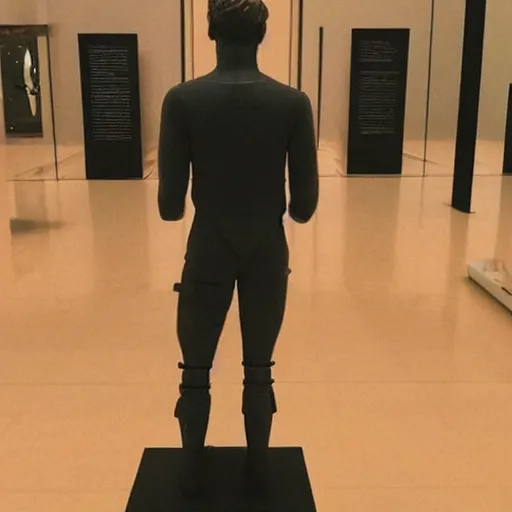 Image similar to “ a realistic detailed photo of a guy who is an attractive humanoid who is half robot and half humanoid, who is a male android, actor liam hemsworth, shiny skin, posing like a statue, blank stare, at the museum, on display ”