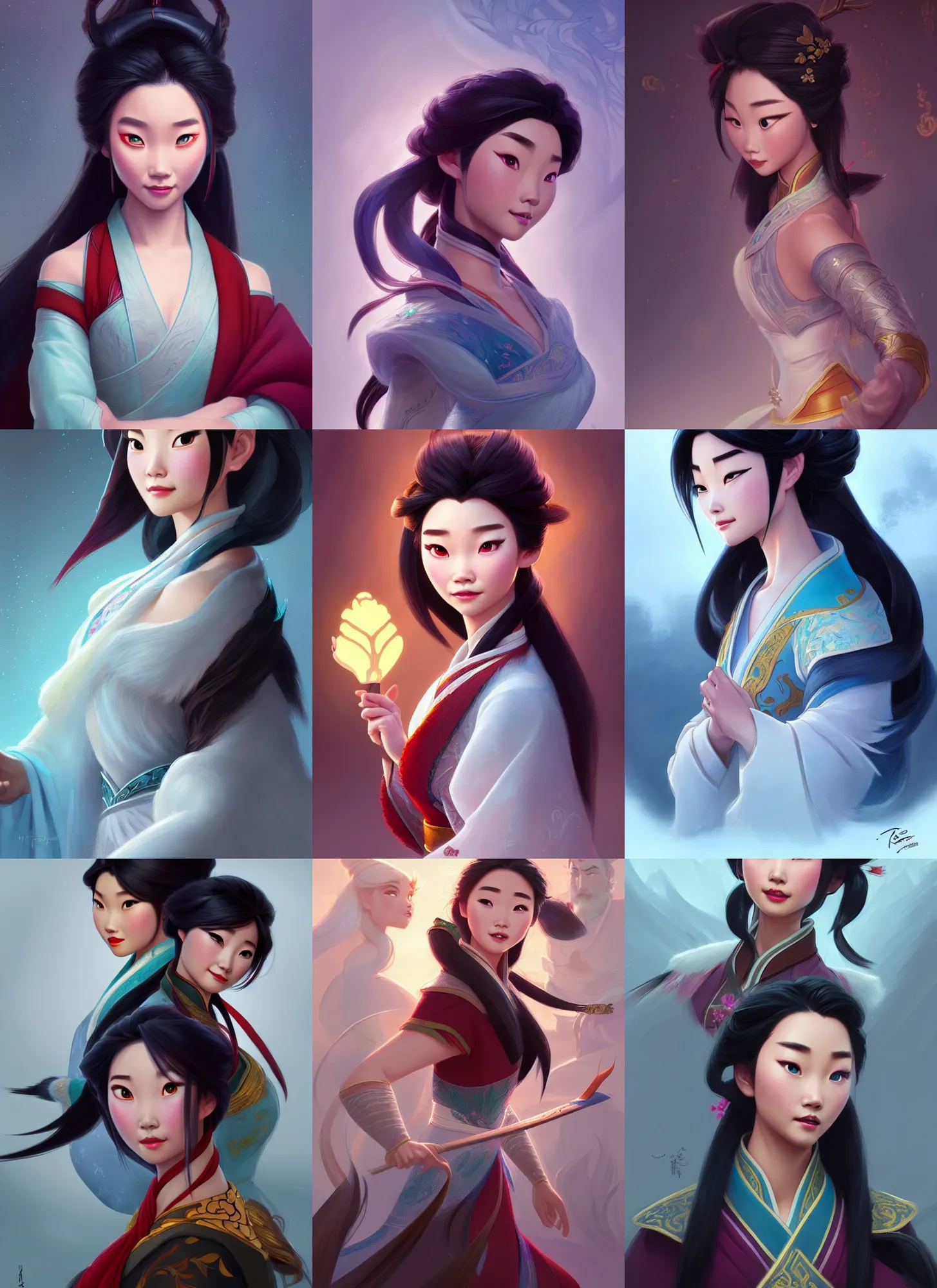Prompt: characters from mulan combined with frozen, fantasy, intricate, elegant, highly detailed, digital painting, artstation, concept art, matte, sharp focus, illustration, hearthstone, art by artgerm and greg rutkowski and alphonse mucha