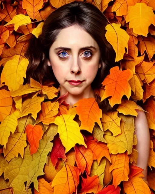 Image similar to gorgeous young Alison Brie, realistic character concept, full body, autumn leaves, orange yellow, medium shot, shorter neck, illustration, symmetrical face and body, realistic eyes, cinematic lighting, detailed realistic symmetrical eyes, symmetrical nose, symmetrical pupils, symmetrical nostrils, face by artgerm, symmetrical nose, high resolution, Joshua Middleton, Charlie Bowater, Tom Bagshaw, single face, insanely detailed and intricate, beautiful
