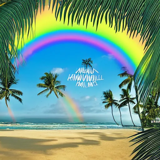 Image similar to miracle musical Hawaii part ii album cover, showing an ocean in the background, spiral transparent stairs on the left with tall palm trees behind it, a slight rainbow in the background, white outline border, moon in the right top area black and white except for the rainbow album cover with rainbow text in the middle reading Hawaii part ii