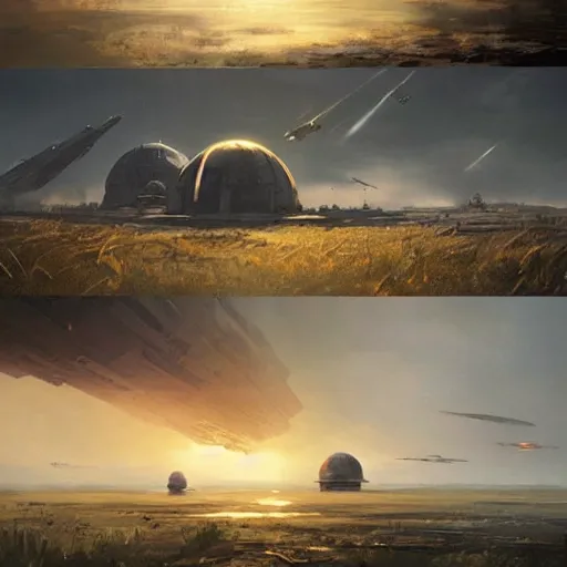 Image similar to star wars concept art by greg rutkowski, brutalist looking domes in the middle of a savannah landscape, cinematic sunset lighting, dramatic atmosphere.