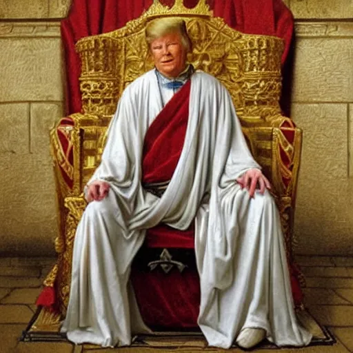 Image similar to Donald Trump as medieval king, sit on throne, bouguereau