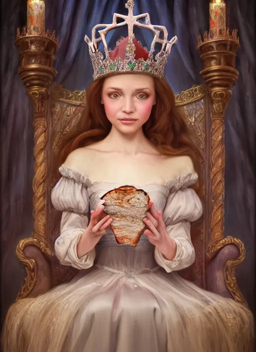 Image similar to highly detailed closeup, low - poly hands, portrait of a fairytale medieval princess wearing a crown and sitting on a throne eating cakes, unreal engine, nicoletta ceccoli, mark ryden, earl norem, lostfish, global illumination, god rays, detailed and intricate environment